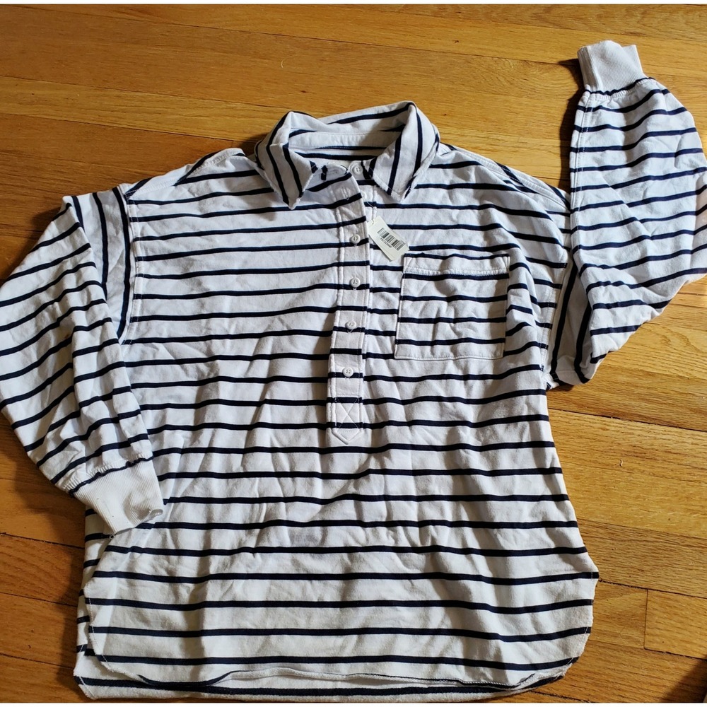 Aerie Real Good Striped Long Sleeve Polo Sweatshirt Navy White XXS 23" Bust
